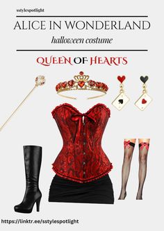 a red corset with black stockings and high heeled boots is featured in an ad for the queen of hearts