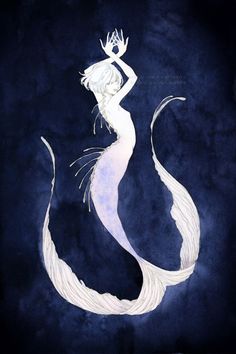 a drawing of a white mermaid on a blue background