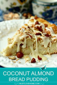 a piece of coconut almond bread pudding on a white plate with the title overlay