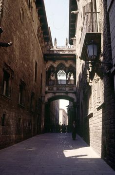 an alleyway between two buildings with people walking down it