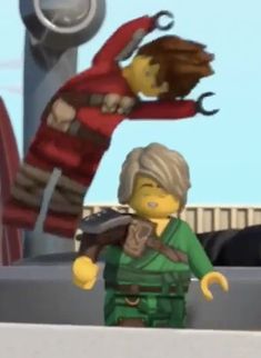 the lego movie character is being chased by another character in front of a giant object