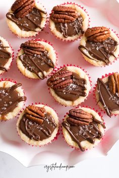 there are many pecans in the cupcakes with chocolate frosting on top