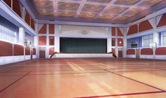 an empty basketball court with red and white walls