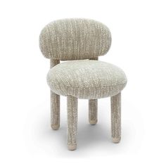 an upholstered chair with a white back and legs, made out of fabric