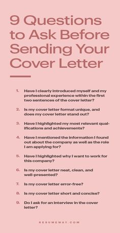 a pink cover letter with the words 9 questions to ask before sending your cover letter