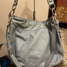 Coach Large Leather Zoe Bag In Rare Baby Blue Color. Convertible Shoulder/ Crossbody Straps. Nwot Everyday Blue Coach Bag, Daily Use Light Blue Coach Bag, Blue Coach Shoulder Bag, Blue Coach Bags With Zipper Closure, Coach Blue Shoulder Bag With Silver-tone Hardware, Baby Blue Colour, Coach Bags, Baby Blue, Blue And Silver