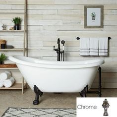 a white bath tub sitting on top of a bathroom floor next to a shelf filled with towels