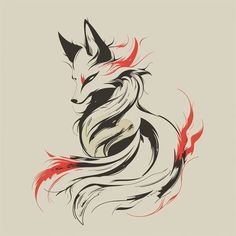 a drawing of a fox with red and black flames on it's back side