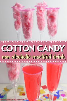 pink cotton candy in wine glasses with the words cotton candy non alcoholic cocktail drink