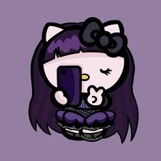 a cartoon character with long hair holding a cell phone in her hands and wearing a purple outfit