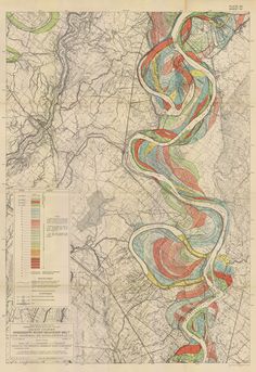 an old map with colorful lines on the top and bottom, showing rivers in different directions