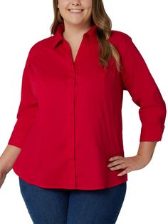 PRICES MAY VARY. Princess-seamed button-down top featuring hidden placket and three-quarter sleeves Scooped bottom hem Head Turning Dress, Sassy Outfit, Women's Blouses, Red Outfit, Sportswear Women, Poplin Shirt, Quarter Sleeve, Nice Tops, Cool Shirts