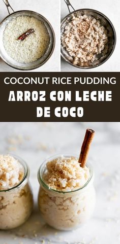 two jars filled with rice and cinnamon on top of a counter next to spoons