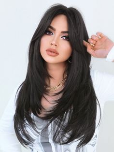 Free Returns ✓ Free Shipping✓. 7JHHWIGS Dark Brown Long Black Layered Wigs For Women Middle Part Layered Straight Synthetic Wig With Curtain Bangs For Party Daily Use 24 Inchse- Synthetic Woven Wigs at SHEIN. Haircuts For Long Hair With Layers, Layered Hair With Bangs, Long Layered Haircuts, Long Hair With Bangs, Sleek Hairstyles, Long Layered Hair, Haircuts For Long Hair, Wigs For Women, Baddie Hairstyles