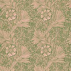 a green and pink wallpaper with flowers on the bottom right hand corner is an ornate design