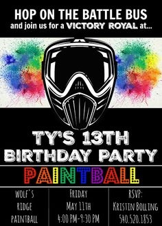 a birthday party flyer with an image of a helmet and goggles on the front