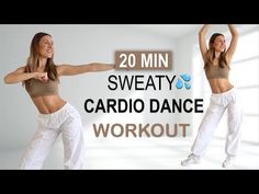 two women in white pants are dancing with the words 20 min sweaty cardio dance workout