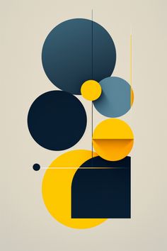 an abstract art piece with circles and shapes in yellow, blue, and grey colors