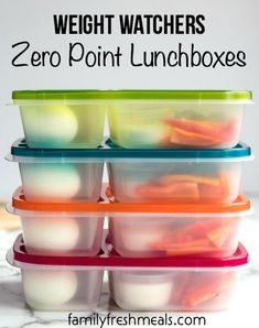 several plastic containers stacked on top of each other with text overlay reading weight watchers zero point lunchboxes