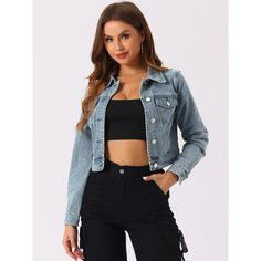 Main: 94% cotton, 6% polyester; Trims: 97% polyester, 3 percent of spandex. A cool trendy jacket is effortless to be paired perfectly with high-waist jeans for a charming and stylish impression. This wardrobe-essential denim jacket is designed with a cropped fitted silhouette, which looks like a vintage-store score. This jacket looks like it's straight out of the ‘90s. This cropped denim jacket is detailed with chest patch pockets and looks cool and trendy. Trendy Fitted Single-breasted Denim Jacket, Casual Fitted Solid Outerwear, Trendy Fitted Cropped Jacket With Button Closure, Spring Denim Jacket With Button Closure, Fitted Long Sleeve Denim Jacket With Buttons, Fitted Long Sleeve Denim Jacket, Fitted Solid Denim Jacket For Spring, Fitted Denim Jacket With Buttoned Pockets For Fall, Trendy Fitted Cotton Outerwear