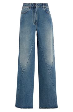 Raw hems and a faded, vintage-inspired wash lend a had-'em-forever vibe to these wide-leg jeans crafted in a seam-detailed pieced design from nonstretch denim. 34" inseam; 23" leg opening; 11 1/4" front rise; 16" back rise (size 28) Zip fly with button closure Front scoop pockets; back patch pockets 100% cotton Dry clean or machine wash, line dry Made in Italy Designer Clothing Denim Pants Design, Light Grey Leggings, Cute Jeans, Denim Details, Blue Outfit, Denim Trousers, Pocket Jeans, Medium Blue, Wide Leg Jeans