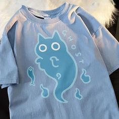 Creative Ghost Cat Blue Ghost Short Sleeve T-shirt Men and Women Ins Summer Relaxed Casual Cotton Cute Shirt Prints, Blue Ghost, Couple Costume, Ghost Cat, Ghost Shirt, Y2k Clothing, Cartoon Outfits, Y2k Clothes, Short T Shirt