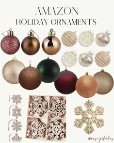 an assortment of christmas ornaments with the words amazon holiday ornaments written below them