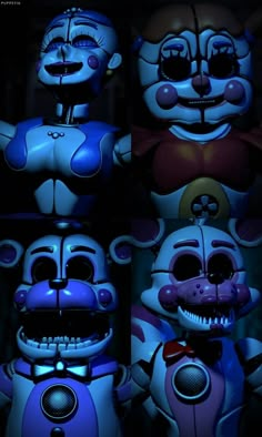 five brightly colored teddy bears with big eyes and teeth, all wearing different colors on their faces