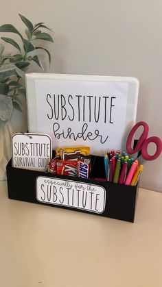 there is a sign that says substitue dinner and some school supplies in it