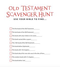 Old Testament Scavenger Hunt Bible Scavenger Hunt For Kids, Scavenger Hunt Ideas For Adults, Bible Scavenger Hunt, Teen Bible Study, Childrens Ministry Curriculum, Old Testament Bible, Study Activities, Sunday School Curriculum, Bible Worksheets