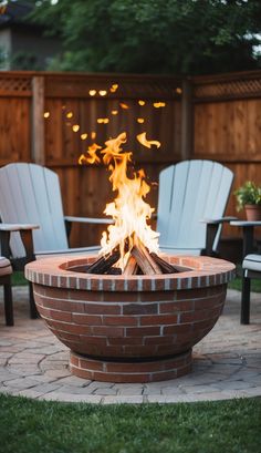 an outdoor fire pit with chairs around it