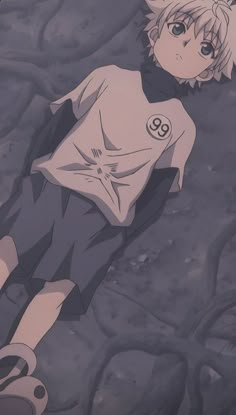 an anime character laying on the ground with his eyes closed and one hand in his pockets