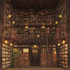 an old library with lots of bookshelves full of books and plants in it