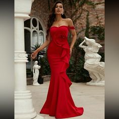 Super Cute And Stylish Ships In 5-10 Business Days Fitted Red Evening Dress With Ruffles, Red Fitted Evening Dress With Ruffles, Red Evening Dress With Ruffle Hem, Red Ruffle Hem Evening Dress, Fitted Red Dress With Ruffle Hem, Floor-length Ruffled Mermaid Dress For Banquet, Colorful Dresses Formal, Rose Dresses, Rose Dress