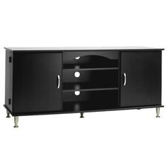 a black tv stand with two doors and three drawers on one side, the door is open