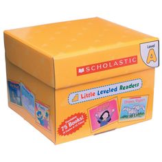 a yellow box with pictures and stickers on the lid that says,'little leveled readers '