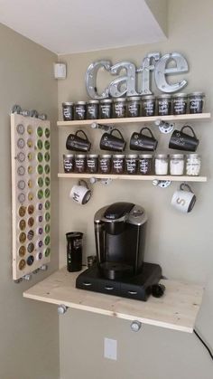 the coffee bar is organized and ready for customers to use