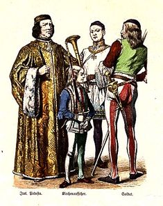 three men dressed in medieval clothing standing next to each other and one man holding a horn