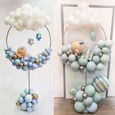 two pictures of balloons and decorations in the shape of stars, clouds, and balls