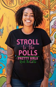 Celebrate the elegance and influence of Alpha Kappa Alpha with our "Stroll to the Polls" T-Shirt, designed exclusively for the Pretty Girls who are committed to making a difference. This empowering tee proudly displays the phrase "Stroll to the Polls" in stylish pink and green, accompanied by "Pretty Girls Rock the Vote," highlighting the dedication and impact of sorority women in the voting process. Perfect for voting days, voter registration drives, or simply showcasing your commitment to civic engagement, this t-shirt is an essential addition to any wardrobe. Join the movement and make a bold statement with our "Stroll to the Polls" T-Shirt. Order yours today and wear it with pride, knowing you're contributing to a powerful message of civic responsibility and sorority unity. * 100% comb Civic Responsibility, Civic Engagement, Alpha Kappa Alpha, Girls Rock, Sorority, Pink And Green, Bathing Beauties, Adult Outfits, Tops & Tees