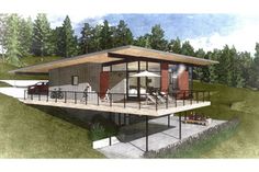 an artist's rendering of a modern house with deck and outdoor furniture on the upper level