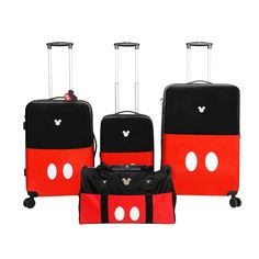 Embark on a magical journey with this 5-piece Mickey Mouse luggage set, showcasing Mickey’s iconic red shorts set against a sleek black backdrop. The set includes a versatile duffle bag, three rolling suitcases sized at 20”, 24”, and 28”, and a charming luggage tag adorned with Mickey ears. Crafted from durable ABS and PC film materials, this set is designed for easy maintenance with a simple wipe, ensuring long-lasting durability and style for all your travels. Mickey Mouse Luggage, Disney Suitcase, Disney House Ideas, Mickey Mouse Classic, Disney Luggage, Disney Lines, Disney House, Mickey Mouse Bag, Classic Shorts