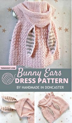 the bunny ears dress is knitted in pink and green yarn, with an attached collar