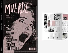 an open magazine with black and white images on the front, and pink text reading muerde