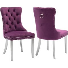 two purple chairs sitting next to each other on top of a white floor with studded trimmings