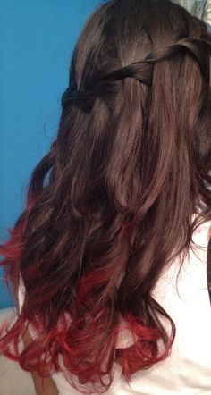 Tips Of Hair Dyed Red, Curly Hair With Red Ends, Red Dyed Ends Of Hair, Ends Of Hair Dyed Red, Red Tip Hair Dip Dyed, Colored Ends Of Hair Brunettes, Tips Of Hair Dyed, Dyed Ends Of Hair Brunettes, Red Hair Ends