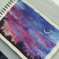 a drawing of the night sky with trees in front of it and a half moon