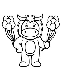 a cartoon cow holding balloons in his hand and wearing an animal costume on it's head