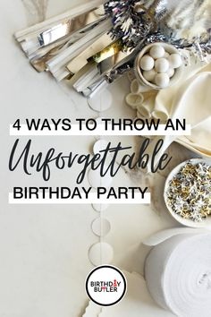 an image of a birthday party with white and silver decorations on it, including napkins,