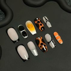 Orange And Black Nails, Black And Orange Nails, Black Color Scheme, Autumn Nail Art, Nails Y2k, Luxury Press On Nails, Autumn Nail, Hello Lovely